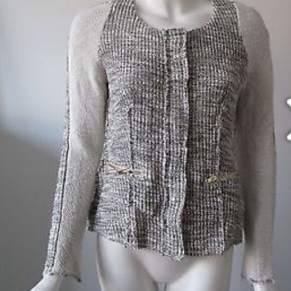 ANTHROPOLOGY Cottonaire fringe snap jacket zippered pockets Black cream Small - Picture 3 of 15